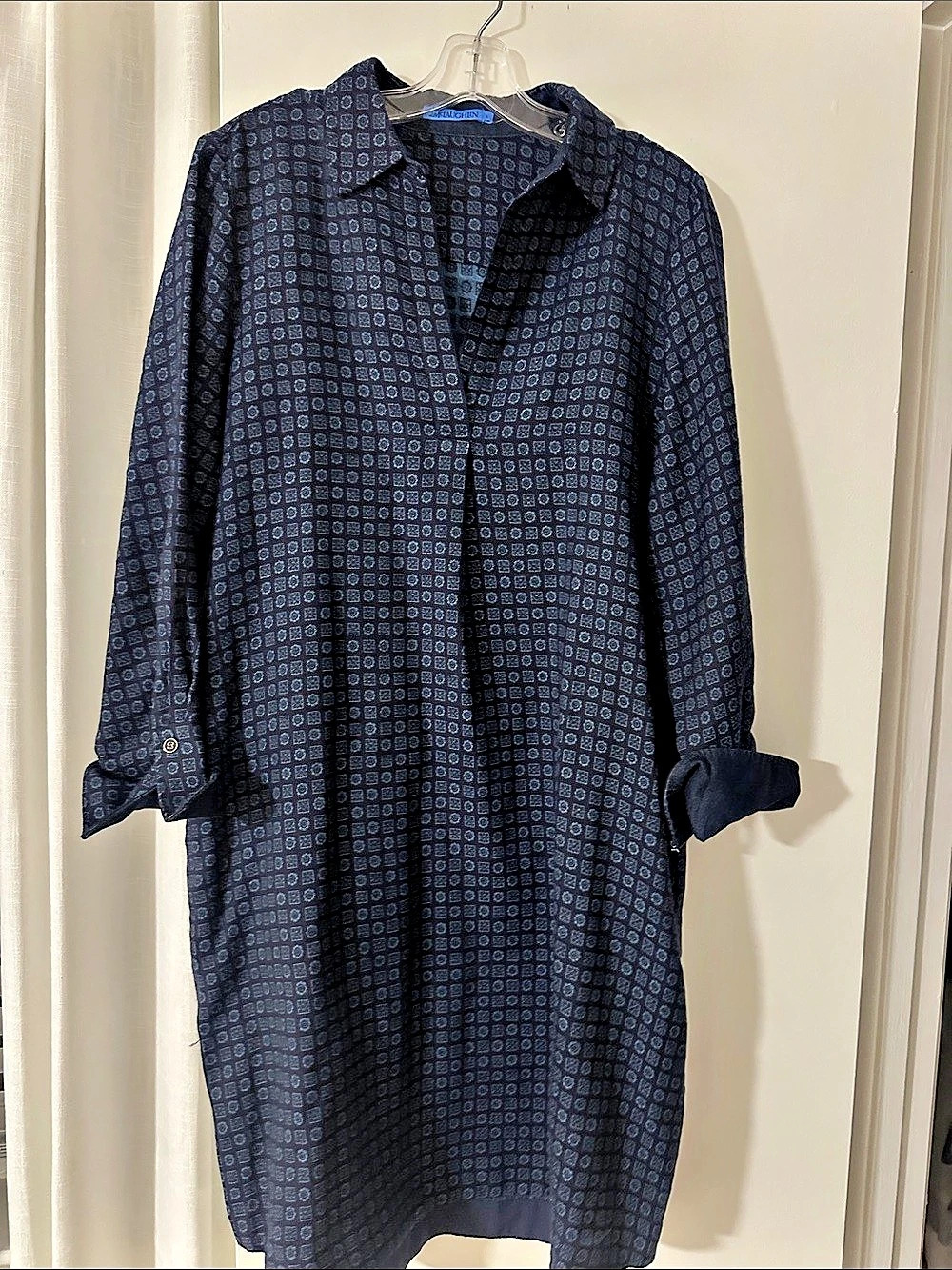 J.McLaughlin Cagney Dress Navy Foulard Geometric Mini Blue & Black Large